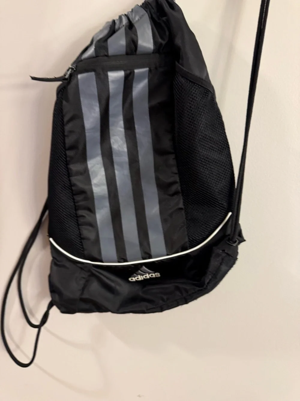 Adidas Black Reflective Stripe Drawstring Backpack Gym Sack Zip Pocket Bag